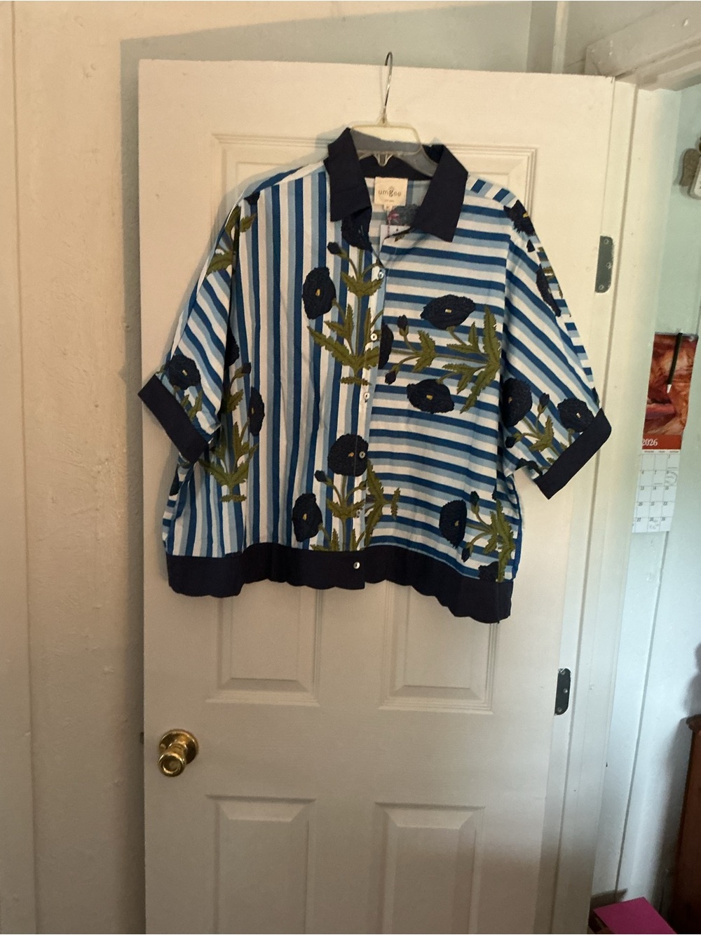 Women’s Blue Striped Floral Button-Up Top